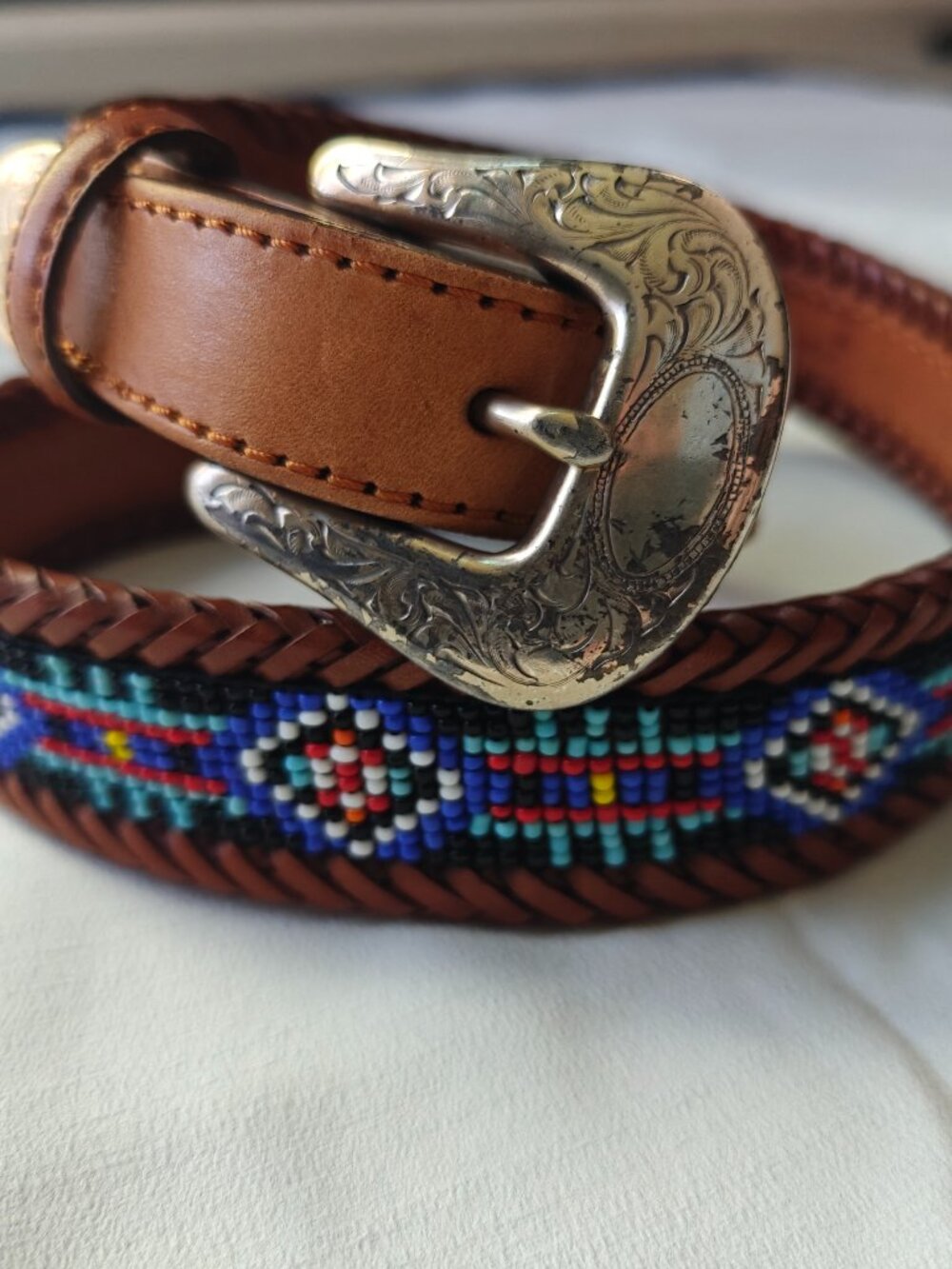Vintage 1993 Eddie Bauer Beaded Leather Belt Southwestern Western Braided